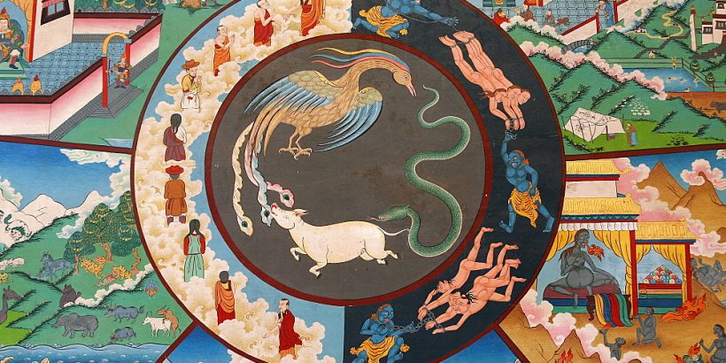 Wheel of life (wheel of Samsara) showing rooster, snake and pig, Kopan monastery, Kathmandu, Nepal, Asia